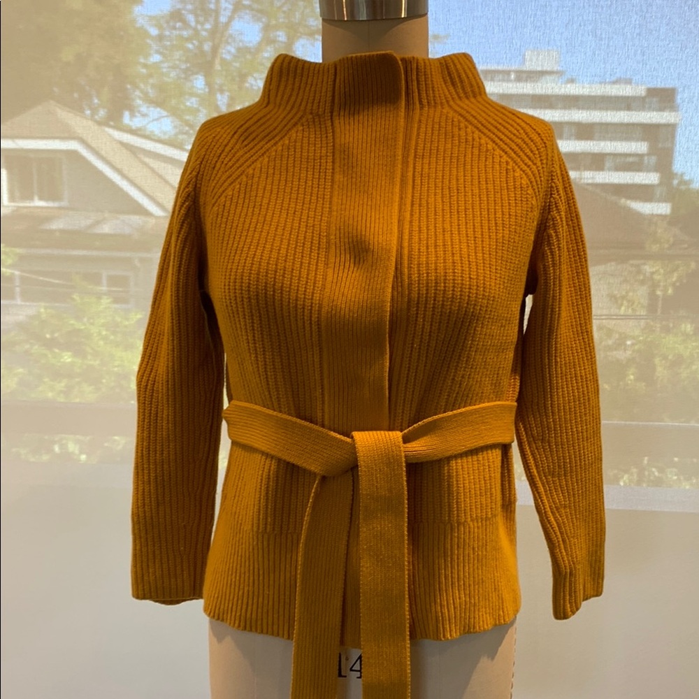 Lafayette 148 New York Mustard Yellow Ribbed Turtleneck Cardigan